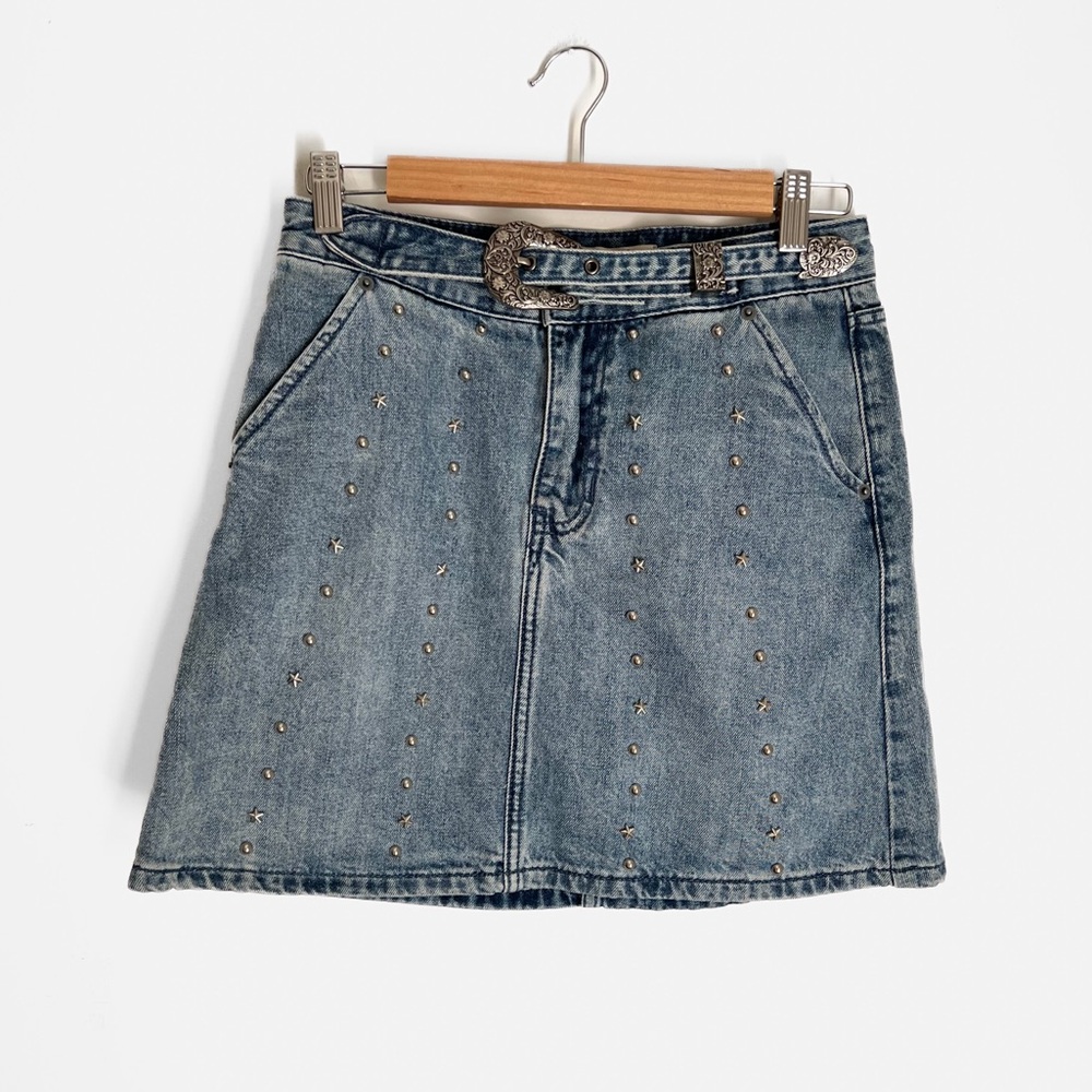 Rock & Roll Denim Studded High Rise Skirt